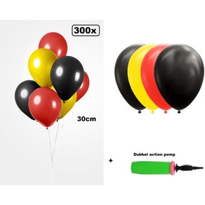 300x Luxe Ballon zwart/geel/rood 30cm + dubbel actie pomp - biologisch afbreekbaar - Belgie Duitsland Oktoberfest Festival feest party verjaardag landen helium lucht thema