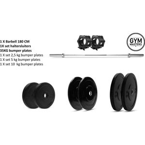 Voordeelset (50kg) | Halterstang met gewichten - 180cm / 15kg barbell + 35 kg bumper plates + set lock jaws - gym masters