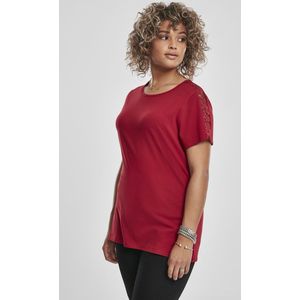Urban Classics - Lace Shoulder Striped Dames T-shirt - L - Bordeaux rood