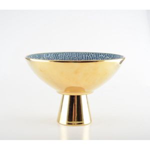 Fruitschaal – Keramiek – Blauw met Gouden Voet – Ø 22,8 cm