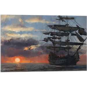 WallClassics - Vlag - Groot Piratenschip op Zee met Zon - 60x40 cm Foto op Polyester Vlag