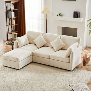 Sweiko Chenille stoffen bank, 3 - 4 zits sofa, L-vormige hoekbank met poef, modern ontwerp, beige