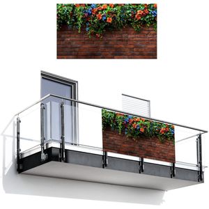 Balkonscherm 200x110 cm - Balkonposter Bloemen - Muur - Groen - Oranje - Balkon scherm decoratie - Balkonschermen - Balkondoek zonnescherm
