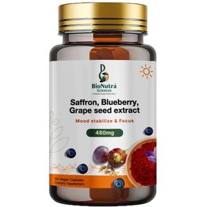 BioNutra Sciences Geavanceerd saffraan-, blauwe bessen- en druivenpitextract - Vegetarische-veganistische, Advanced Premium Saffron, Blue berry, Grape-seed extract -Vegan Capsules, Dietary/ food supplement capsules, dieet-/voedingssupplement, mood