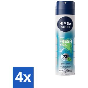 4 x NIVEA MEN - Deodorant Spray - Fresh Kick - 150 ml - Anti-transpirant Spray - Cactuswater - Frisheid - Huidbescherming - 72 Uur Bescherming