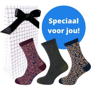 Teckel damessokken - luipaard gekleurd - 3-pack in cadeauverpakking