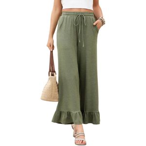 Casual Boho-broek met trekkoord voor dames, hoge taille, ruches, flared palazzo-broek met wijde pijpen en zakken
