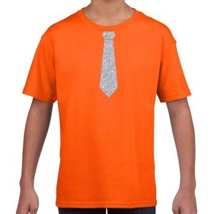 Oranje fun t-shirt met stropdas in glitter zilver kinderen - feest shirt voor kids 110/116