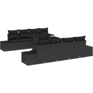 vidaXL - 9-delige - Tuin - Sofa - Set - met - Kussens - Zwart - Poly - Rattan