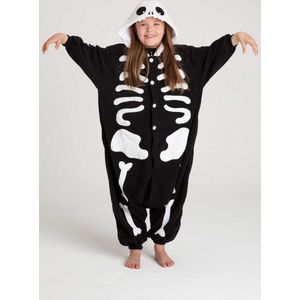 KIMU Onesie Skelet Pak - Maat 140-146 - Skeletpak Kostuum Zwart Wit Botten - Halloween Huispak Jumpsuit Pyjama Jongen Meisje Overall Fleece Festival