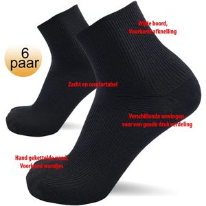Nakkie's - Korte medische sokken - 6 paar - Zwart - Maat 35/38 - wijde boord - Diabetes sokken - Quarter sokken - Lage sokken - Korte sokken