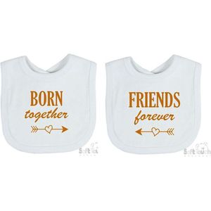 Soft Touch 2-pack Slabber Slabbetje Slab ""Born together Friends forever"" Unisex Tweeling Katoen Wit/tan Maat 33x22 Cm