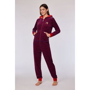 Woody onesie velours unisex - rood gestreept - pony - 252-10-ONE-V/919 - maat M