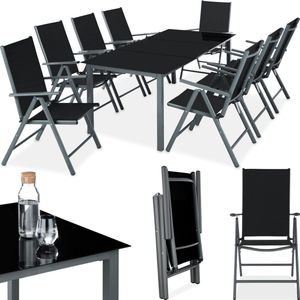 tectake® aluminium zitgroep 8+1, tuinmeubelset met stoelen en tafel, opklapbare tuinstoelen, tuintafel met veiligheidsglas, weerbestendig terrasmeubilair, voor tuinterras balkon - donkergrijs