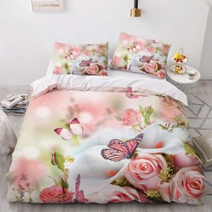 Unyqoos® Roze bloemen dekbedovertrek set met vlinderprint en ritssluiting