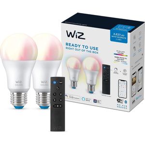 WiZ Lamp 2-pack + Afstandsbediening - Slimme LED-Verlichting - Gekleurd en Wit Licht - E27 - 60W - Mat - Wi-Fi