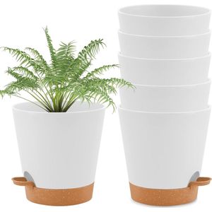 Zelfbewaterende plantenpot set van 6 met gietsysteem en schotel - ronde plantenpot voor binnen- en balkontuinplanten - sappige cactussen - 65 cm - wit