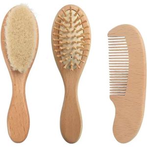 Babyhaarborstel en kamset voor pasgeborenen | Natuurlijke houten haarborstel met zachte geitenharen en perenhouten kam