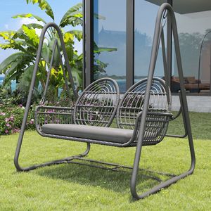 Sweiko Tuinschommel - Met rugleuning - Hollywood schommel - Metalen frame - PE rotan - Dubbele zitting - Donkergrijs