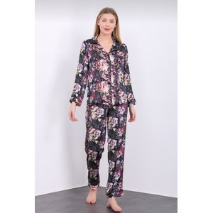 Satijn Dames 2- Delige -Pyjama- Luxe Pyjamaset- Nachtkleding Zwart Met Flamingo Print Maat S