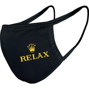 Grappig mondkapje | Relax logo | gezichtsmasker | bescherming | bedrukt | logo | Zwart mondmasker van katoen, uitwasbaar & herbruikbaar. Geschikt voor OV
