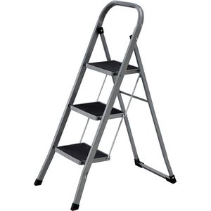 SONGMICS 3-sporten ladder, vouwladder, sportbreedte 20 cm, antislip rubber, met handvat, draagvermogen 150 kg, staal, grijs en zwart