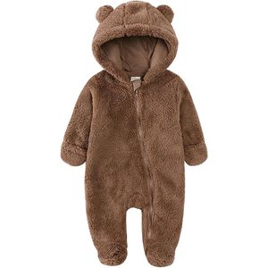 Kinderbodysuit van pluche - Bodysuit met capuchon, rits en lange mouwen en pluchen berenoren - Warme bodysuit met capuchon - Winteroutfitset - bruin - 6