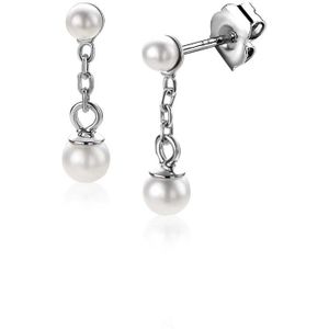 Zinzi 15mm zilveren parel oorstekers met schakelkettinkje en ronde witte glasparel van 4mm ZIO2623