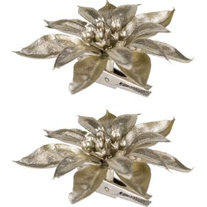 2x stuks decoratie bloemen kerststerren champagne glitter op clip 9 cm - Decoratiebloemen/kerstboomversiering