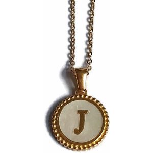 Aramat jewels -ketting-letter j- chirurgisch staal -wit- schelp - goudkleurig-45cm - dames- rond