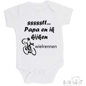 100% katoenen Romper ""ssssstt... Papa en ik kijken wielrennen"" Unisex Katoen Wit/zwart 62/68