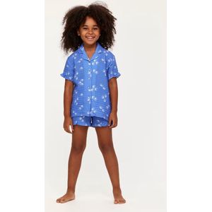 Woody doorknoop pyjama meisjes in tetra katoen - blauw met walvis all-over print - 231-1-WPJ-W/938 - maat 116