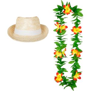 Carnaval verkleed set - Tropische Hawaii party - Ibiza strohoedje - en bloemenkrans groen/geel - voor volwassenen