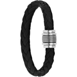 Lucardi Heren Armband leer zwart 10mm - Leer - Armband - Cadeau - Vaderdag - 22 cm - Zilverkleurig