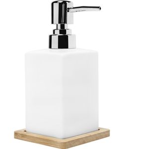 QUVIO Zeepdispenser voor handzeep - Met houten onderzetter - Zeeppomp - Voor 550 ml - Wit