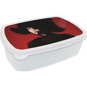 Broodtrommel Wit - Lunchbox - Brooddoos - Rood - Vrouw - Zwart - Portret - 18x12x6 cm - Volwassenen