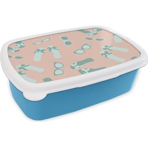 Broodtrommel Blauw - Lunchbox - Brooddoos - Zomer - Zonnebrillen - Slippers - Pastel - 18x12x6 cm - Kinderen - Jongen