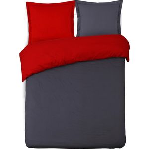 VISION Bicolor - Omkeerbaar Dekbedovertrek - Kingsize - 260 x 240 cm met 2 bijhorende slopen - Antraciet/Rood - 100% katoen