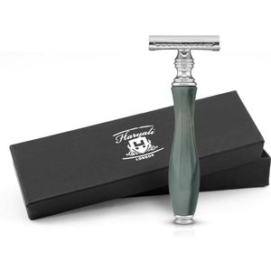 Haryali London Classic Double Edge (DE) veiligheidsscheermes chroom met gesloten kam voor dames en heren, inclusief 5 mesjes (grijs)