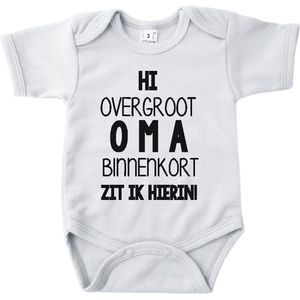 Baby romper met tekst zwangerschap aankondiging | Hi overgroot Oma binnenkort zit ik hierin | Wit | korte mouw | maat 56 cadeautje zwangerschap aankondiging bekendmaking | Cadeautje 100% katoen