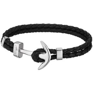 Lotus style LS1832-2/1 - ankerarmband -  zilverkleurig staal - zwart leer - 21cm