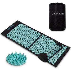 Acupressuurmat en Kussen Set voor Diepe Ontspanning - Verlengde Maat Massagemat met Nekkussen - Zwart & Mint