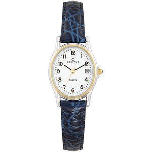 Certus-Duidelijk dames horloge-Datumaanduiding-Blauw lederen band-Bicolor