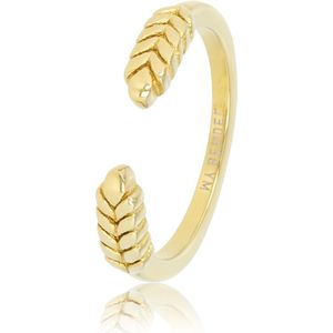 My Bendel Open ring met bladmotief goudkleurig - Goudkleurige open ring met blad bewerking - Met luxe cadeauverpakking