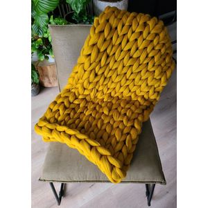 HOMEY & STUFF gebreide wollen deken XXL - 100% Handgemaakt Merino Lontwol Plaid - Huisdecoratie Kleed - 120 x 150 cm - Geel