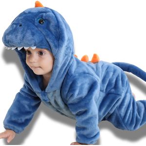 BoefieBoef Dinosaurus Dieren Onesie & Pyjama voor Baby en Dreumes - Kinder Verkleedkleding - Dieren Kostuum Pak - Blauw