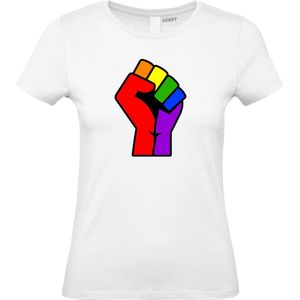 Dames T-shirt Regenboog Vuist | Gay pride shirt kleding | Regenboog kleuren | LGBTQ | Wit dames | maat L