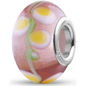 Quiges - Glazen - Kraal - Bedels - Beads Roze met Wit Gele Bloemetjes aan Groene Tak Past op alle bekende merken armband NG655