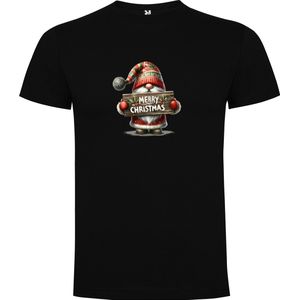Zwart T-Shirt met “Gnome - Merry Christmas - Kerst“ Print Full Color Maat S
