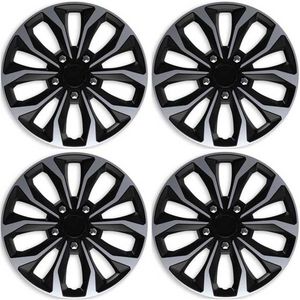 Wieldoppen HORNET-SB 14 inch zilver/zwart met chroom wielmoerkapjes. Set a 4 stuks (CONTROLEER UW BANDENMAAT en lees a.u.b. de onderstaande, uitgebreide tekst!)